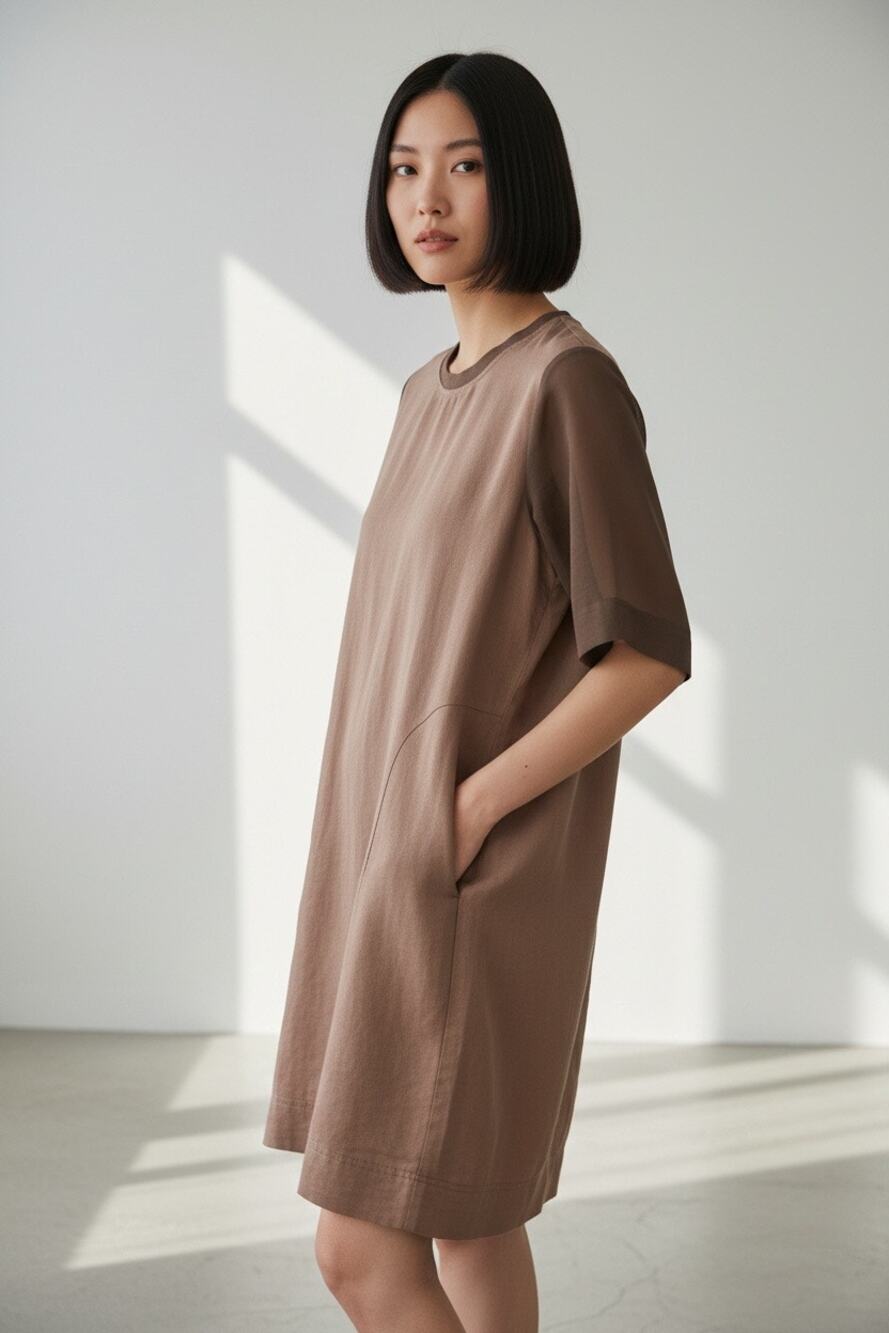 90s Minimalist Linen Blend Utility Shift Dress Khaki Brown Small